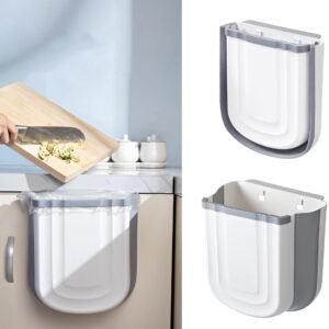 Foldable hanging trash can - Small 2.4 gallon waste bin for countertop and cabinet - Wall-mounted plastic waste bin for kitchen, bathroom, bedroom - Space-saving gray design