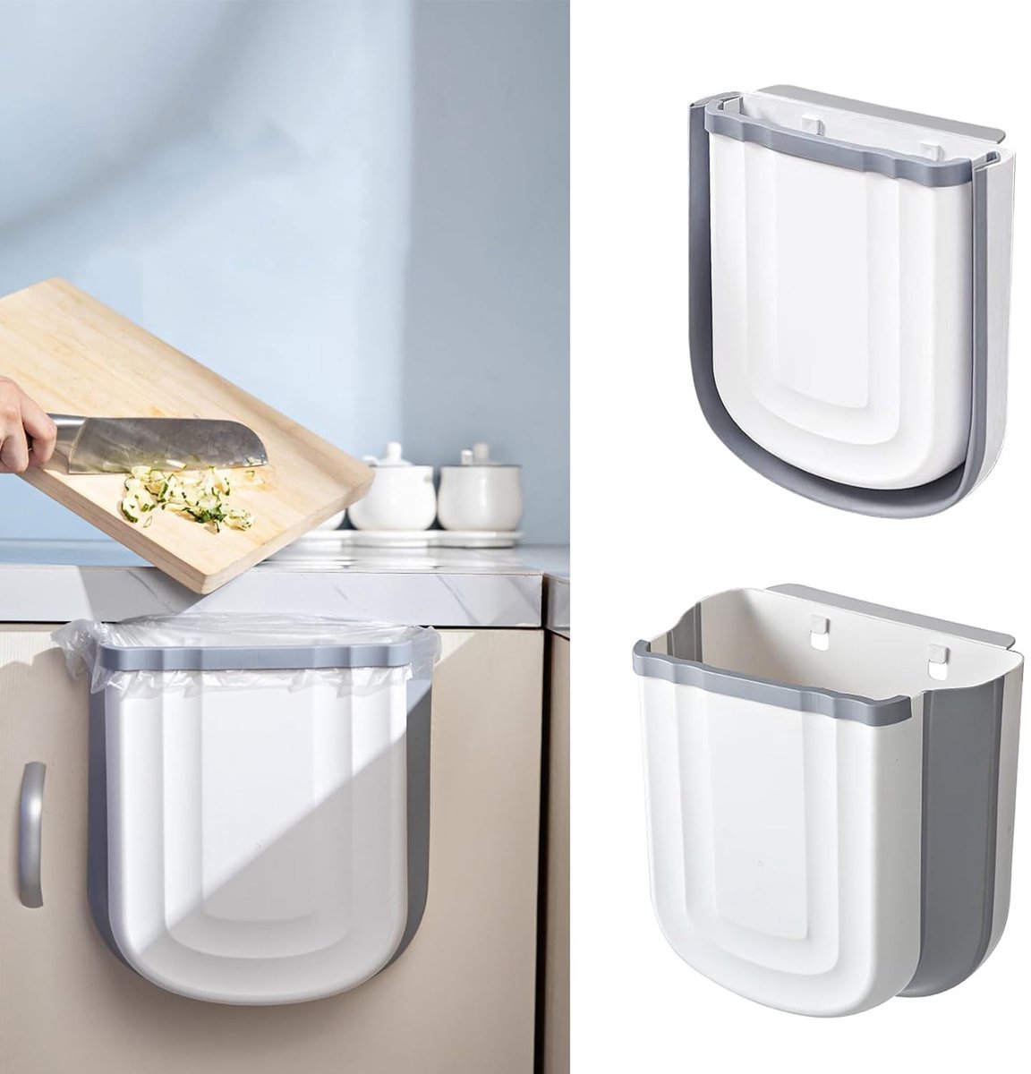 Foldable hanging trash can - Small 2.4 gallon waste bin for countertop and cabinet - Wall-mounted plastic waste bin for kitchen, bathroom, bedroom - Space-saving gray design - V1188-MS101-00645-1 Foldable hanging trash can - Small 2.4 gallon waste bin for countertop and cabinet - Wall-mounted plastic waste bin for kitchen, bathroom, bedroom - Space-saving gray design