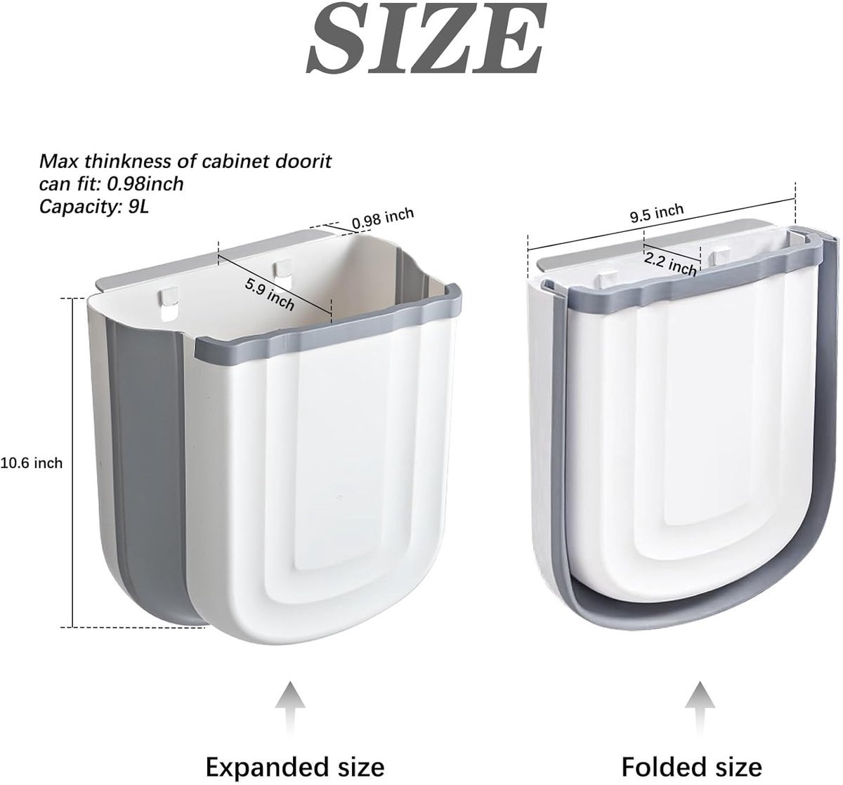 Foldable hanging trash can - Small 2.4 gallon waste bin for countertop and cabinet - Wall-mounted plastic waste bin for kitchen, bathroom, bedroom - Space-saving gray design - V1188-MS101-00645-1 Foldable hanging trash can - Small 2.4 gallon waste bin for countertop and cabinet - Wall-mounted plastic waste bin for kitchen, bathroom, bedroom - Space-saving gray design - Image 2