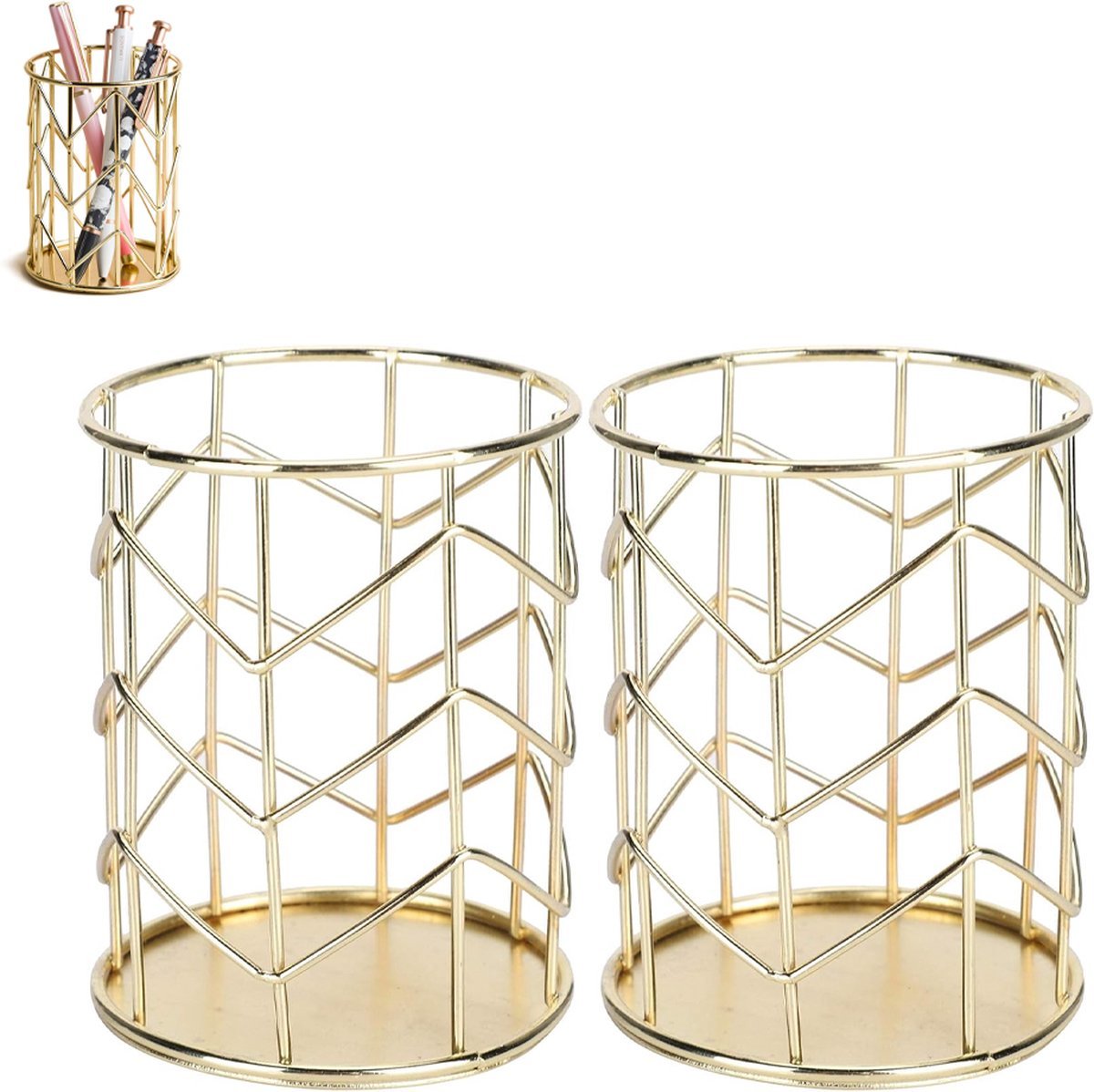 Pen Tray - Pen Holder - Pen Tray - Desk Organizer - Desk Organizer - Desk - Metal - Round - Gold - 2 Pieces