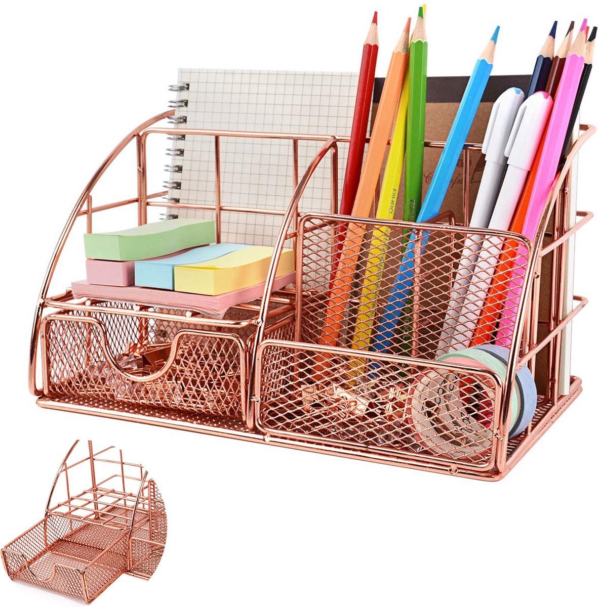 Pen Tray - 5 Compartments and Drawer - Desk Organizer - Rose Gold - Pen Holder - Desk Organizer - Durable - Non-Fading - Metal - Pen Trays - Mesh - Fashion - Multifunctional Storage System - Neatness & Classification - Save Space - V1188-MS101-02046-1 Pen Tray - 5 Compartments and Drawer - Desk Organizer - Rose Gold - Pen Holder - Desk Organizer - Durable - Non-Fading - Metal - Pen Trays - Mesh - Fashion - Multifunctional Storage System - Neatness & Classification - Save Space