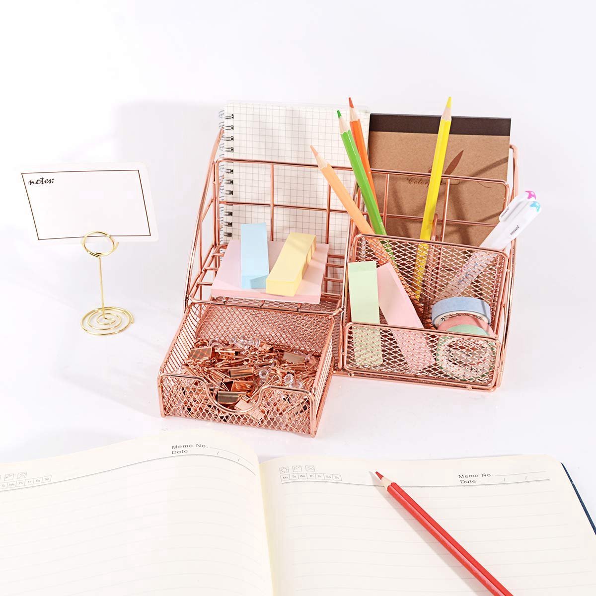 Pen Tray - 5 Compartments and Drawer - Desk Organizer - Rose Gold - Pen Holder - Desk Organizer - Durable - Non-Fading - Metal - Pen Trays - Mesh - Fashion - Multifunctional Storage System - Neatness & Classification - Save Space - V1188-MS101-02046-1 Pen Tray - 5 Compartments and Drawer - Desk Organizer - Rose Gold - Pen Holder - Desk Organizer - Durable - Non-Fading - Metal - Pen Trays - Mesh - Fashion - Multifunctional Storage System - Neatness & Classification - Save Space - Image 3