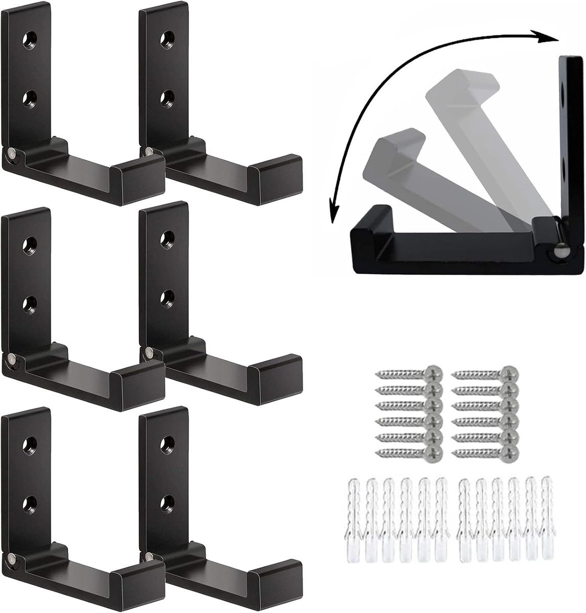 6 pieces - Foldable wall hooks - 6.7*7.5*2.5 cm - Clothes hook - concealable clothes hooks - heavy-duty wall hooks - aluminum hooks - with screws - foldable hooks - for hanging coats, bags, hats, and keys - black - V1188-MS101-02538-1 6 pieces - Foldable wall hooks - 6.7*7.5*2.5 cm - Clothes hook - concealable clothes hooks - heavy-duty wall hooks - aluminum hooks - with screws - foldable hooks - for hanging coats, bags, hats, and keys - black