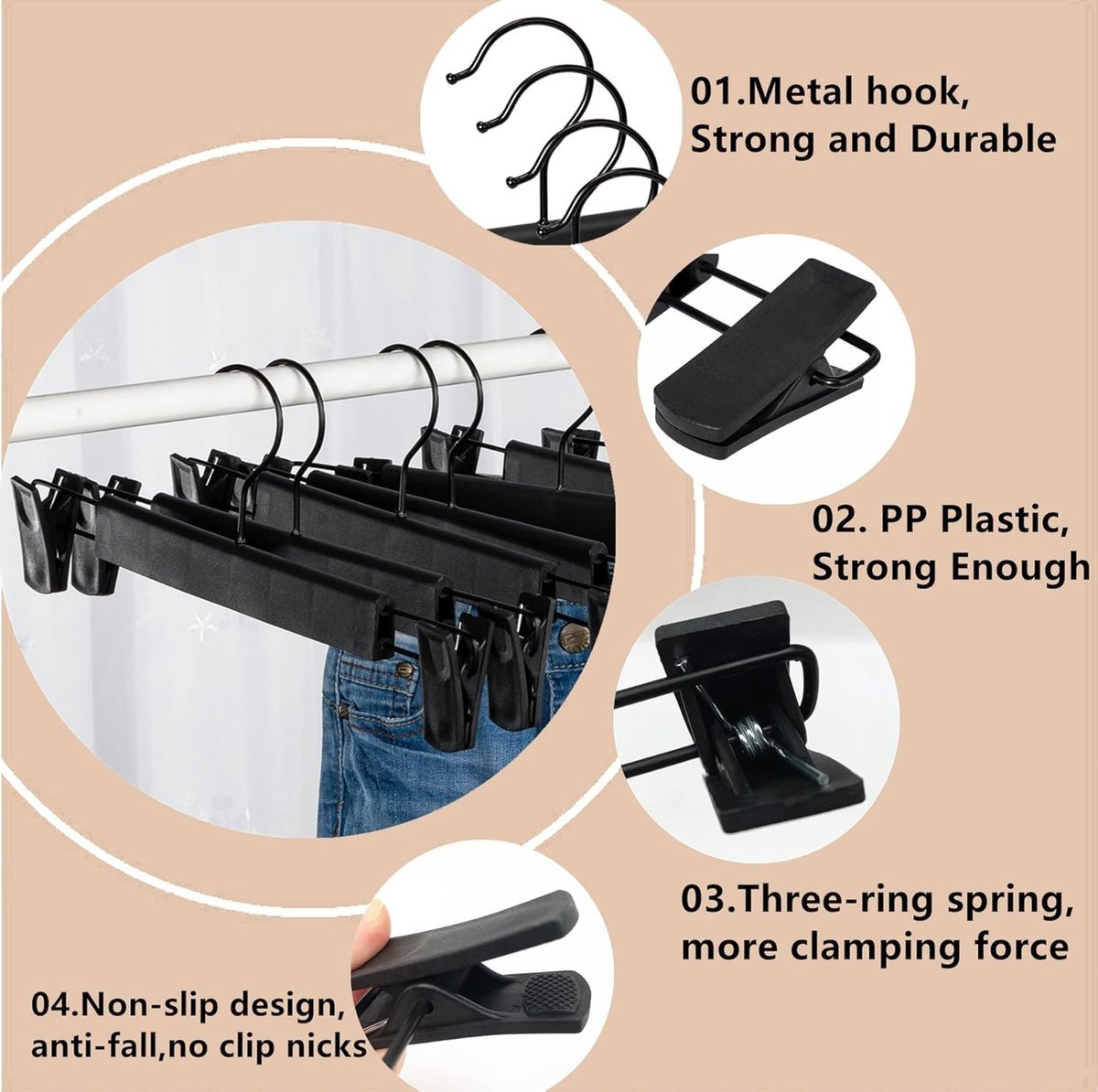 Clothes Hangers - 10 Pieces - Trouser Hangers - Trouser Hangers with Clips - Garment Hangers - Skirt Hangers - Non-Slip Hanger with Clips - Clothes Rack/Coat Rack/Jacket/Trouser Hanger - Space-Saving - Adjustable Clip Hangers, Garment Jacket Clothing Jean - V1188-MS101-02608-1 Clothes Hangers - 10 Pieces - Trouser Hangers - Trouser Hangers with Clips - Garment Hangers - Skirt Hangers - Non-Slip Hanger with Clips - Clothes Rack/Coat Rack/Jacket/Trouser Hanger - Space-Saving - Adjustable Clip Hangers, Garment Jacket Clothing Jean - Image 3