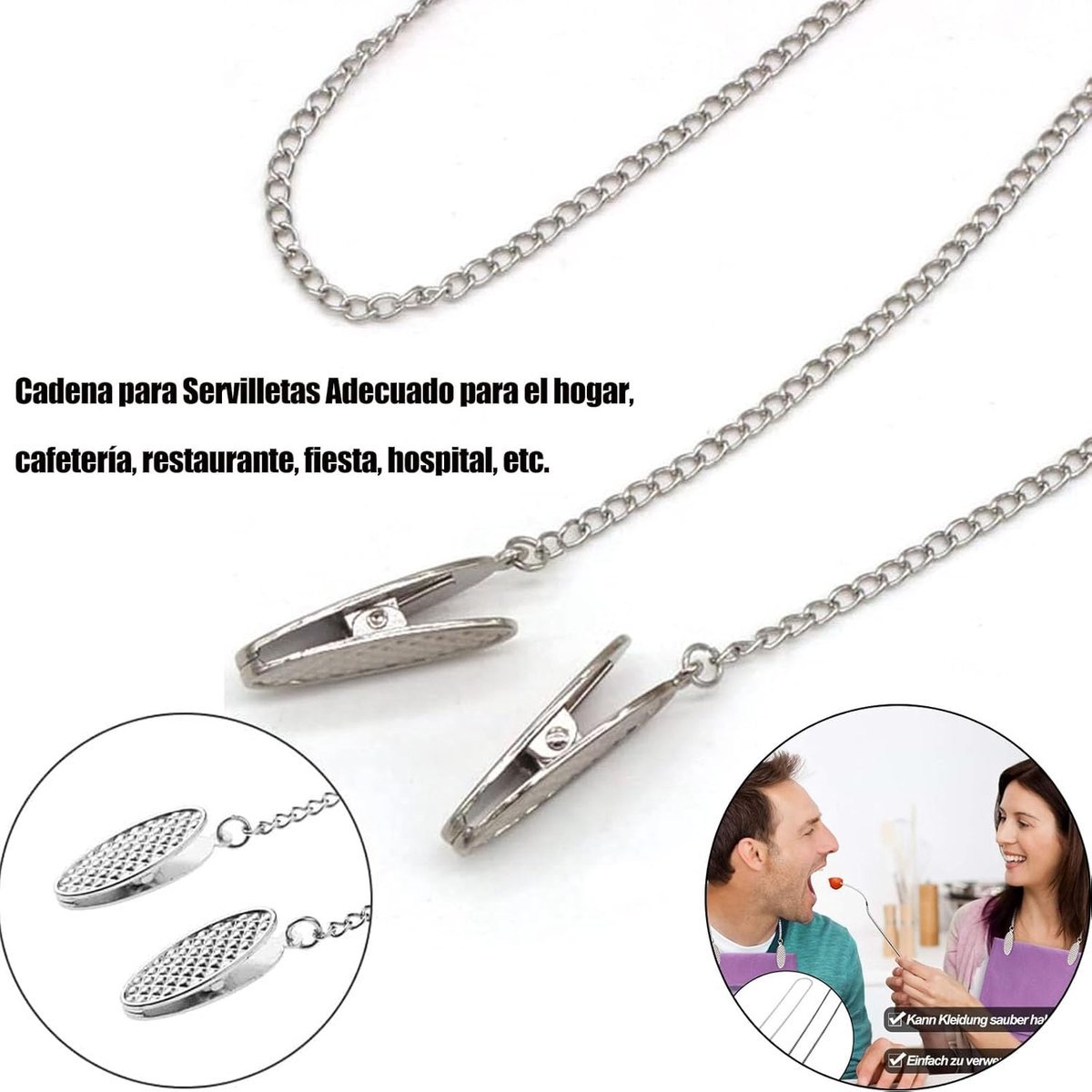 Napkin chain with clips - 4 pieces napkin chain - napkin clips - napkin clips with chain - 50 cm metal chain - Napkin clips - silver metal napkin clips - napkin clip chain - for seniors adults children - Silver & Black - V1188-MS101-02651-1 Napkin chain with clips - 4 pieces napkin chain - napkin clips - napkin clips with chain - 50 cm metal chain - Napkin clips - silver metal napkin clips - napkin clip chain - for seniors adults children - Silver & Black - Image 2