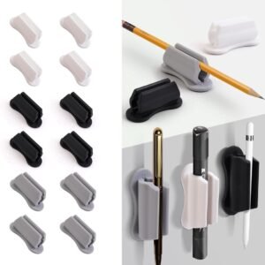 12 pieces - pen holder - pen holder for desk - self-adhesive silicone pen holder - for clipboard mounting in classroom - highlighter holder - pencil holder - for desk, classroom, office accessories - black, white and grey - 2*4.7 cm