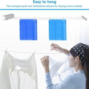 Extendable clothesline - Retractable clothesline - 5 lines of 3.75 m each - Roll-up clothesline - Clothesline - Wall clothesline - Foldable drying rack - Drying rack - Indoor drying rack - White