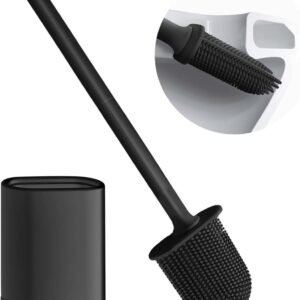 Toilet brush and holder set - Toilet brush - Deep cleaning - Silicone toilet brush - Flexible toilet brush head - Wall mounting - Freestanding toilet brush holder - Black
