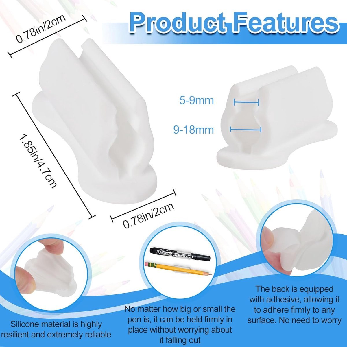 22 pieces - pen holder - pen holder for desk - self-adhesive silicone pen holder - for clipboard mounting in classroom - highlighter holder - pencil holder - for desk, classroom, office accessories - white - 2*4.7 cm - V1188-MS101-03259-1 22 pieces - pen holder - pen holder for desk - self-adhesive silicone pen holder - for clipboard mounting in classroom - highlighter holder - pencil holder - for desk, classroom, office accessories - white - 2*4.7 cm - Image 5