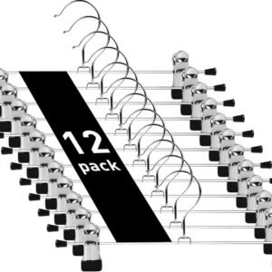 Set of 12 Clothes Hangers - Trouser Hangers - Chrome Iron Metal Hangers - Trouser Hanger - Clothes Hanger - 30cm - Skirt Hangers - Non-Slip Hanger with Clips - Clothes Rack/Coat Rack/Jacket/Trouser Hanger - Metal - For Trousers Skirts Socks Underwear - Si
