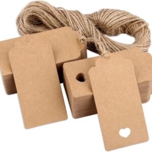 100x Kraft Cardboard Labels - With 100 Jute Rope - Gift Tags - 9.5 x 4.5 CM - Heart - Writable - Cardboard Gift Labels - Kraft Paper Name Tags - Blank Price Tags - Gift Tags - Multifunctional Label - Thick & Sturdy