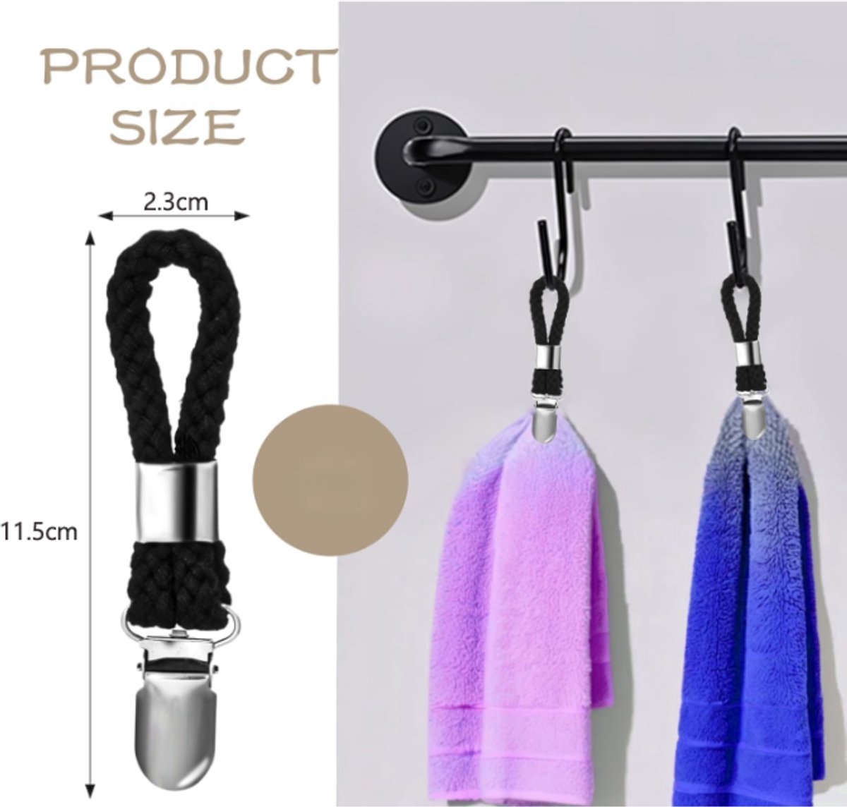 4 pieces - Towel clip - Towel rack - Kitchen towel clips - 11.5*2.3 cm - Black - Multifunctional clips - Suitable for home cupboards and bathrooms - Towel clip made of cotton rope - V1188-NK-BOL-351 4 pieces - Towel clip - Towel rack - Kitchen towel clips - 11.5*2.3 cm - Black - Multifunctional clips - Suitable for home cupboards and bathrooms - Towel clip made of cotton rope - Image 2