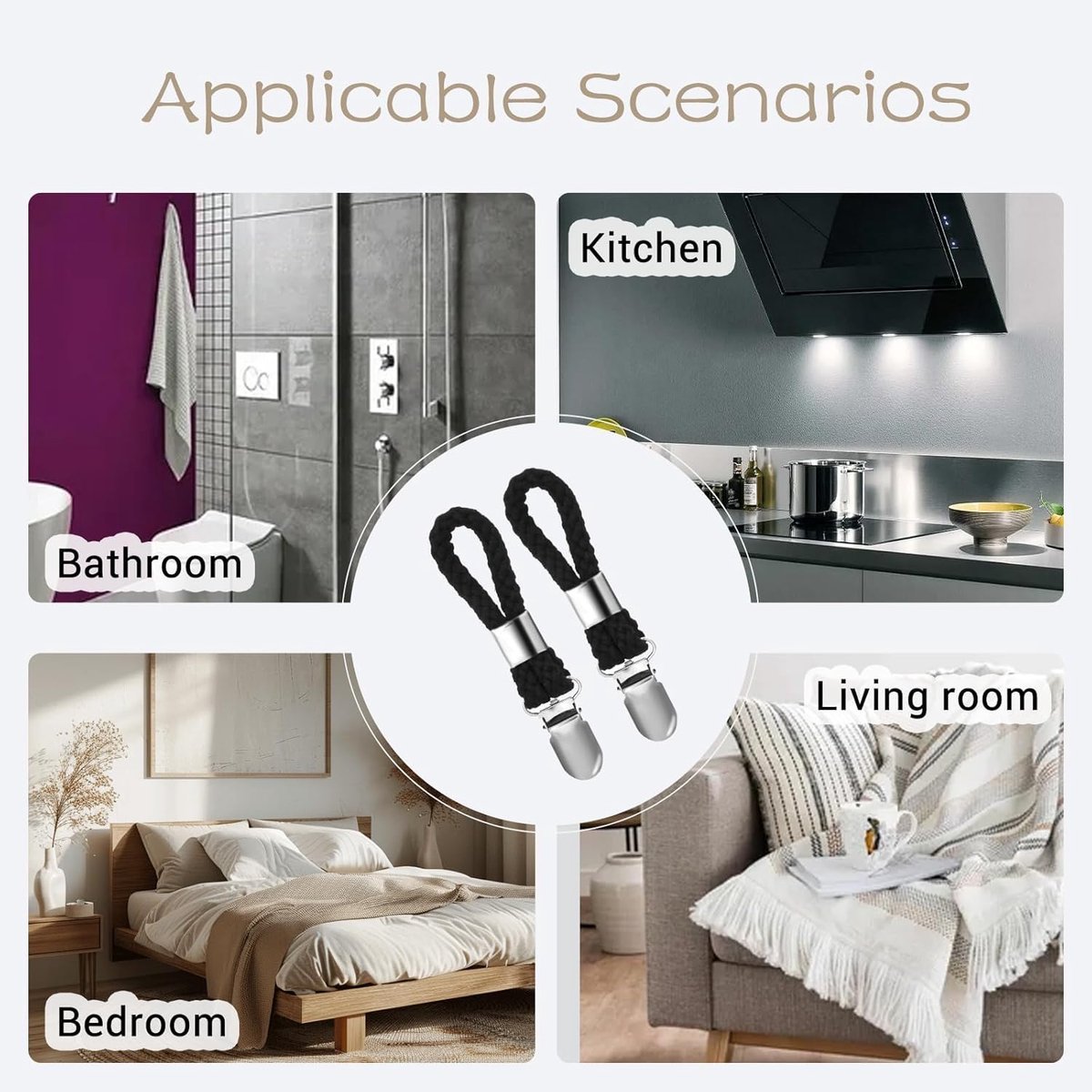 4 pieces - Towel clip - Towel rack - Kitchen towel clips - 11.5*2.3 cm - Black - Multifunctional clips - Suitable for home cupboards and bathrooms - Towel clip made of cotton rope - V1188-NK-BOL-351 4 pieces - Towel clip - Towel rack - Kitchen towel clips - 11.5*2.3 cm - Black - Multifunctional clips - Suitable for home cupboards and bathrooms - Towel clip made of cotton rope - Image 4
