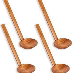 Soup Spoon - 4 Pieces - Stirring Spoon - Wood - With Long Handle - Ladle - Cooking Spoon - Serving Spoon - Bouillon Spoons - Kitchen Accessories - Cooking Utensils - For Soups, Ramen and Hotpot - Suitable for Restaurants and Homes - 22×7cm - Brown