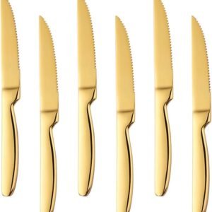 Stainless Steel Serrated Steak Knife Set of 6, BuyGo Gold Color Heavy Duty Dinner Table Knives for Cutting Meat, Beef, 8.6 Inch, Dishwasher Safe