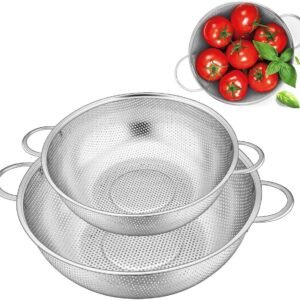 2-piece vegetable draining rack set made of stainless steel - with handles - drip tray on top - suitable for draining pasta, vegetables, fruit and rice - dishwasher safe - 2-piece set - diameters 22.5 cm and 19.5 cm