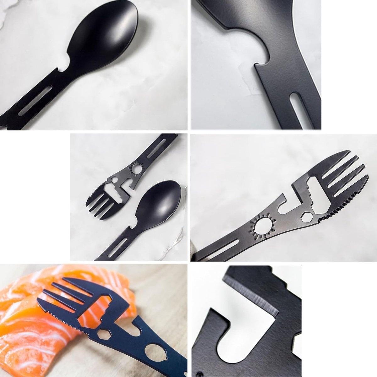 Stainless Steel Spoon and Fork - 10-in-1 Multitool - Works as a combination spoon, fork, knife, bottle opener and wrench - Ideal for picnics, travel, backpacking, hiking and fishing - Black - V1188-ZXY-10844 Stainless Steel Spoon and Fork - 10-in-1 Multitool - Works as a combination spoon, fork, knife, bottle opener and wrench - Ideal for picnics, travel, backpacking, hiking and fishing - Black - Image 2