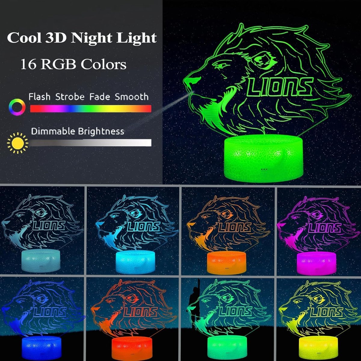 Night Light for Kids - 3D - Baby Night Light - 16 Color Changes - With Remote Control and Timer - RGB Flashing Mode - Bedroom Table Lamp - Lion Light - Christmas and Birthday Gift - V1188-ZXY-11069 Night Light for Kids - 3D - Baby Night Light - 16 Color Changes - With Remote Control and Timer - RGB Flashing Mode - Bedroom Table Lamp - Lion Light - Christmas and Birthday Gift - Image 5
