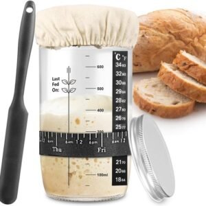 1000ml Sourdough Fermentation Jar in a Glass Jar | Includes stirring spoon, measuring cup, and fabric cover - for dough, bread baking, and sourdough fermentation