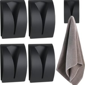 Black Towel Clip - Set of 4 - Stainless Steel - Self-Adhesive Tea Towel Holders - Wall Hooks for Kitchen