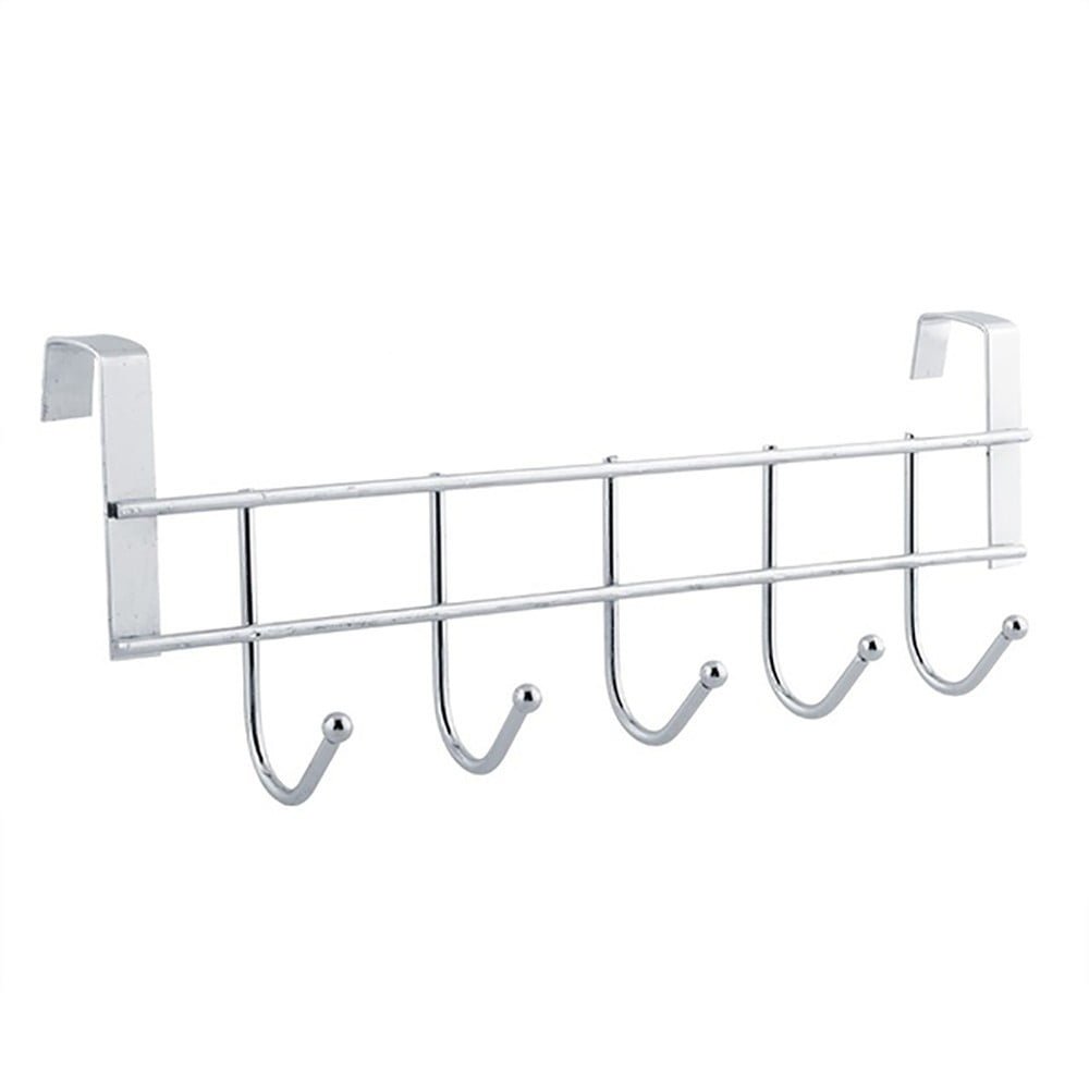 Over The Door Hooks, Door Hanger, Over The Door Towel Rack, Door Coat Towel Hanger Door Coat Rack, No Drilling Metal Hanger with 5 Hooks for Hanging Clothes, Jacket, Hats, 1 Pcs, 9.7x3.5x0.8 9.84" x 3.54" Silver