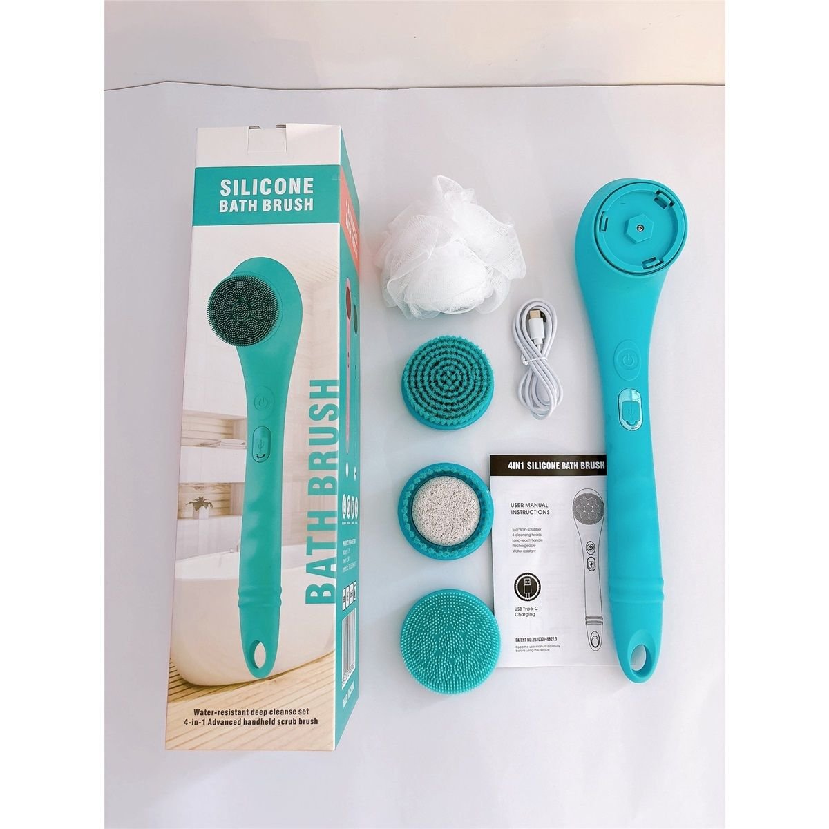 Electric Body Brush Back Scrubber Silicone Body Scrubber Two-Way Rotating Brush Head for Deep Cleaning, Exfoliation, 4 Attachments Long Handle IPX6 Rechargeable Shower Brush (Blue)