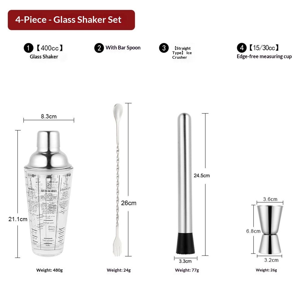 Cocktail Shaker Set, 14 oz Glass Mixing Cup with Measurements, Stainless Steel Martini Mixer, Muddler, Jigger, Spoon, 4 Piece Bar Tool Kit