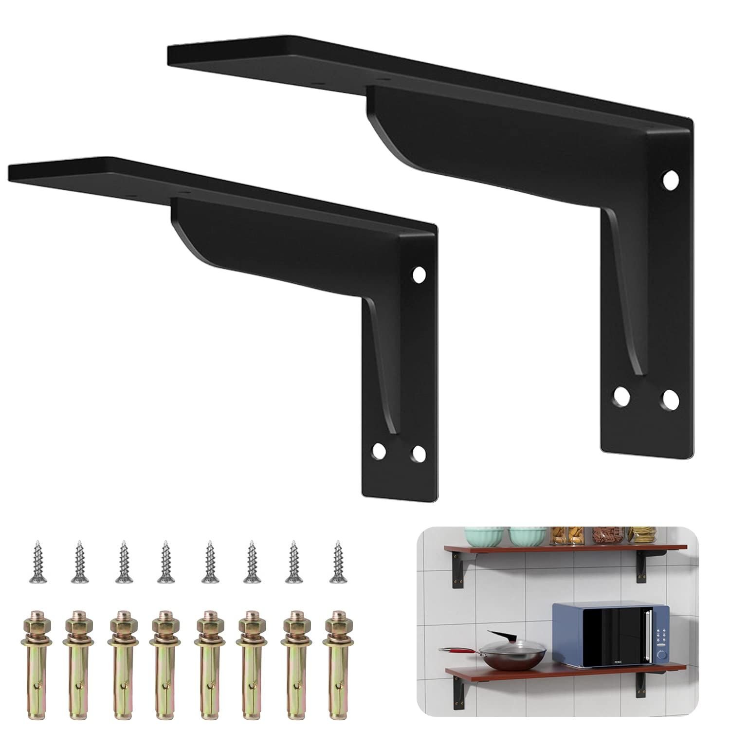 Shelf Brackets Heavy Duty, 8 inches Industrial Steel L Countertop Support Load Capacity Black Metal Brackets for Shelves DIY Triangle(2Pcs)