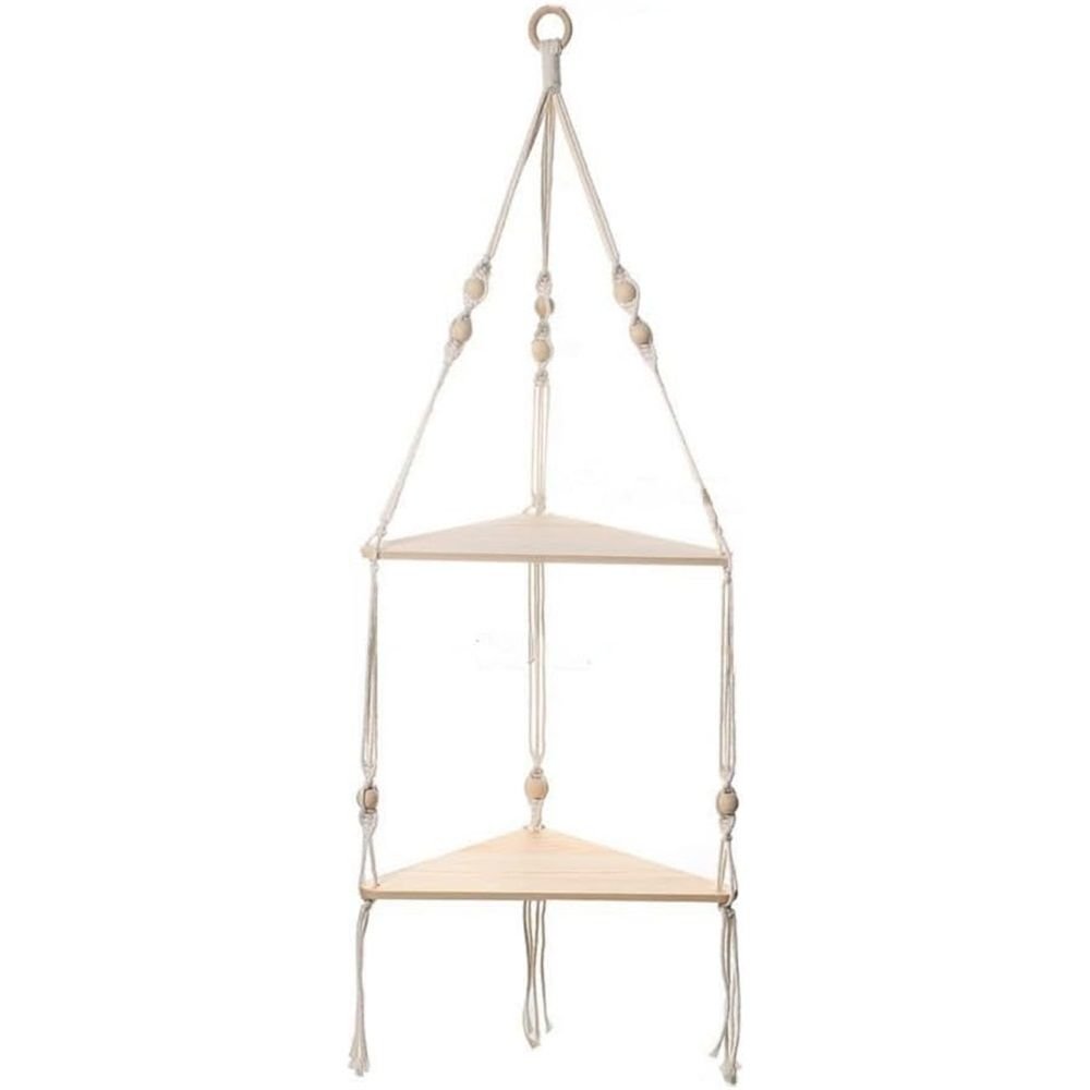 Double layer Bohemian cotton rope hand woven shelf, triangular wooden crafts, home decoration, flower pot storage(white 90*32.5cm)