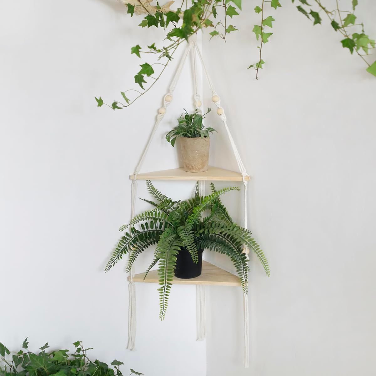 Double layer Bohemian cotton rope hand woven shelf, triangular wooden crafts, home decoration, flower pot storage(white 90*32.5cm) - V1192-AZ-W-7028 Double layer Bohemian cotton rope hand woven shelf, triangular wooden crafts, home decoration, flower pot storage(white 90*32.5cm) - Image 2