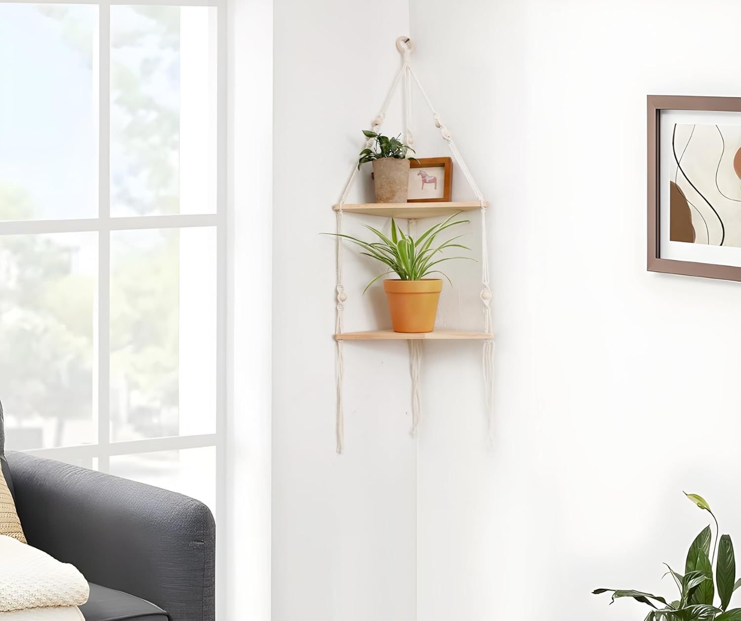 Double layer Bohemian cotton rope hand woven shelf, triangular wooden crafts, home decoration, flower pot storage(white 90*32.5cm) - V1192-AZ-W-7028 Double layer Bohemian cotton rope hand woven shelf, triangular wooden crafts, home decoration, flower pot storage(white 90*32.5cm) - Image 3