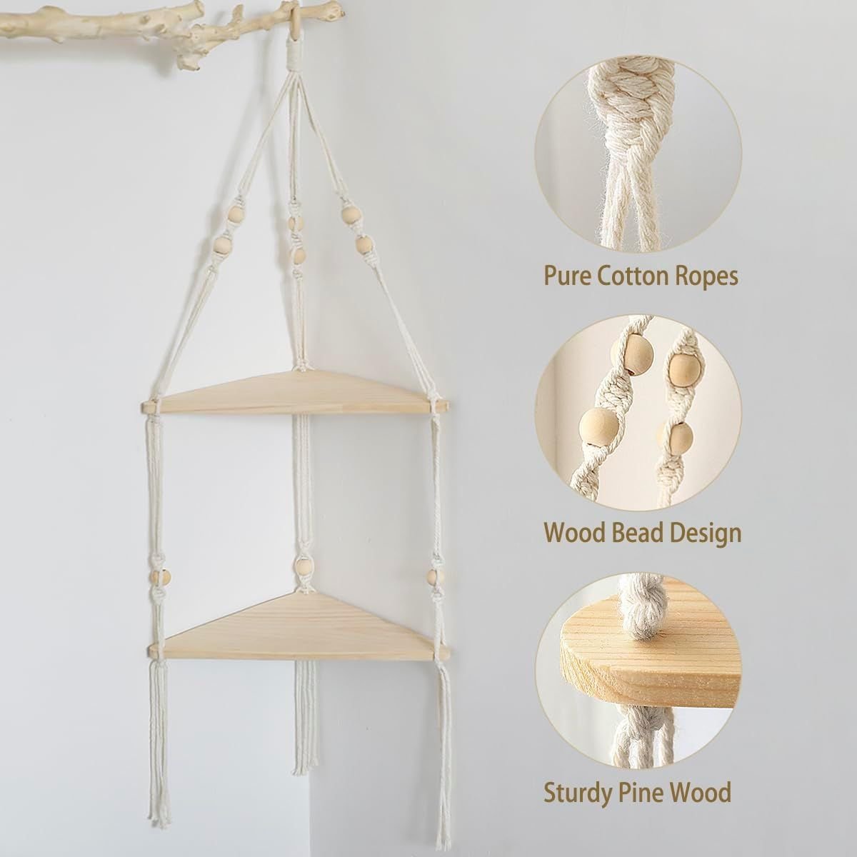 Double layer Bohemian cotton rope hand woven shelf, triangular wooden crafts, home decoration, flower pot storage(white 90*32.5cm) - V1192-AZ-W-7028 Double layer Bohemian cotton rope hand woven shelf, triangular wooden crafts, home decoration, flower pot storage(white 90*32.5cm) - Image 4