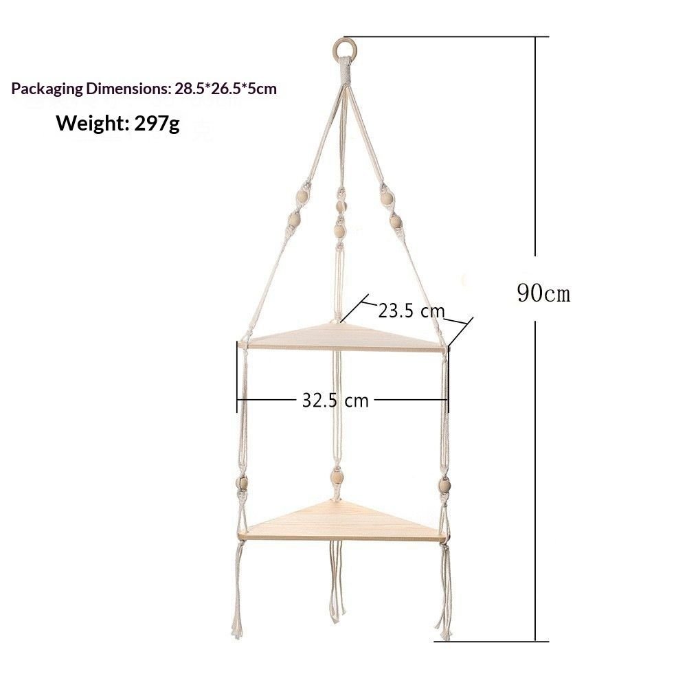 Double layer Bohemian cotton rope hand woven shelf, triangular wooden crafts, home decoration, flower pot storage(white 90*32.5cm) - V1192-AZ-W-7028 Double layer Bohemian cotton rope hand woven shelf, triangular wooden crafts, home decoration, flower pot storage(white 90*32.5cm) - Image 5