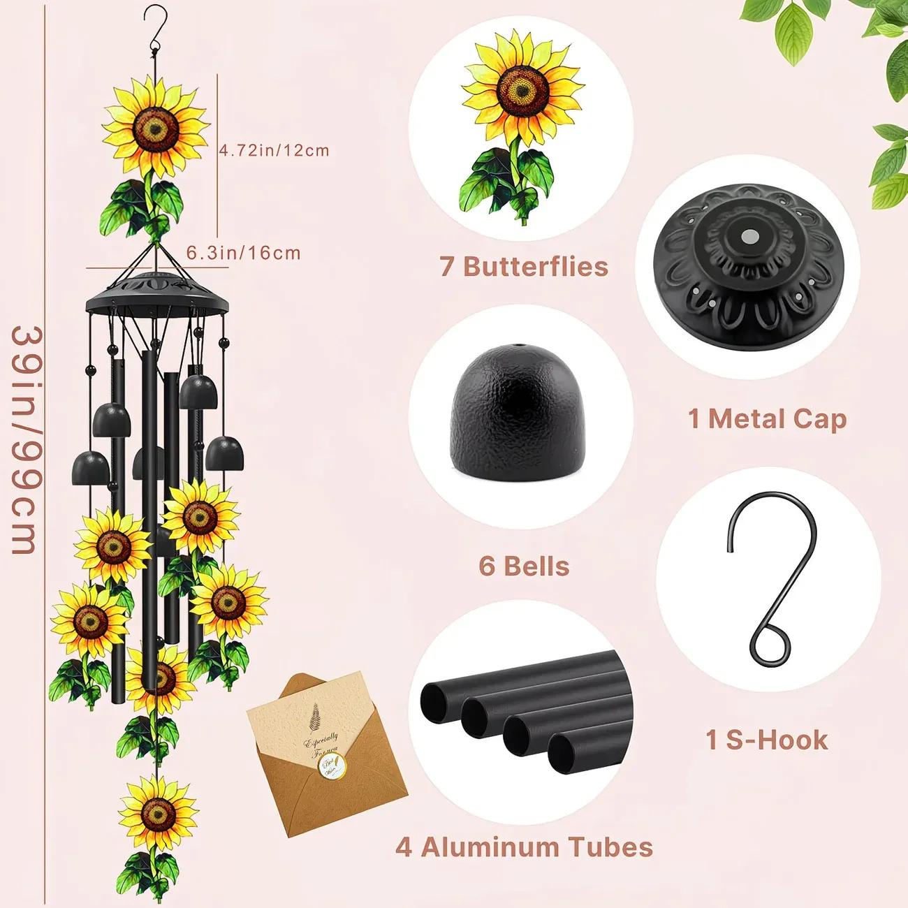 Retro black metal sunflower wind chime, 91cm long, 6 bells and 4 tubes, crisp and pleasant sound, adding pastoral poetry and dynamic beauty to courtyards and gardens. - V1232-XRKML001 Retro black metal sunflower wind chime, 91cm long, 6 bells and 4 tubes, crisp and pleasant sound, adding pastoral poetry and dynamic beauty to courtyards and gardens. - Image 2