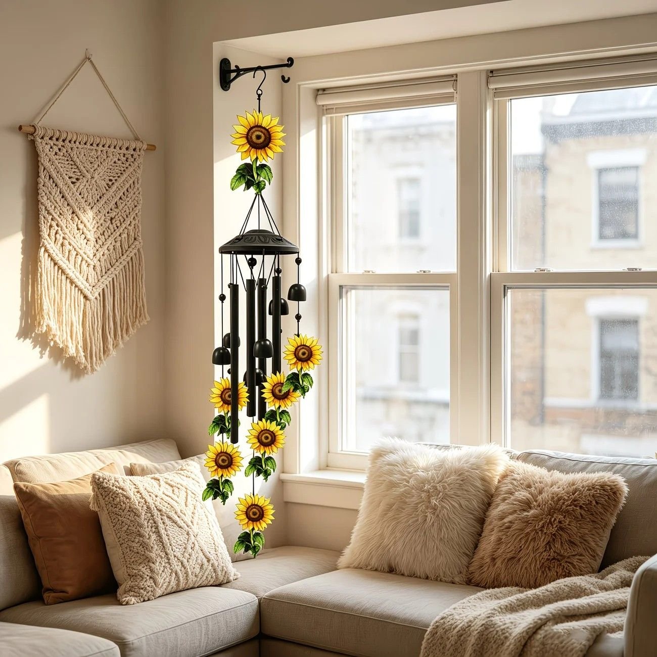 Retro black metal sunflower wind chime, 91cm long, 6 bells and 4 tubes, crisp and pleasant sound, adding pastoral poetry and dynamic beauty to courtyards and gardens. - V1232-XRKML001 Retro black metal sunflower wind chime, 91cm long, 6 bells and 4 tubes, crisp and pleasant sound, adding pastoral poetry and dynamic beauty to courtyards and gardens. - Image 3