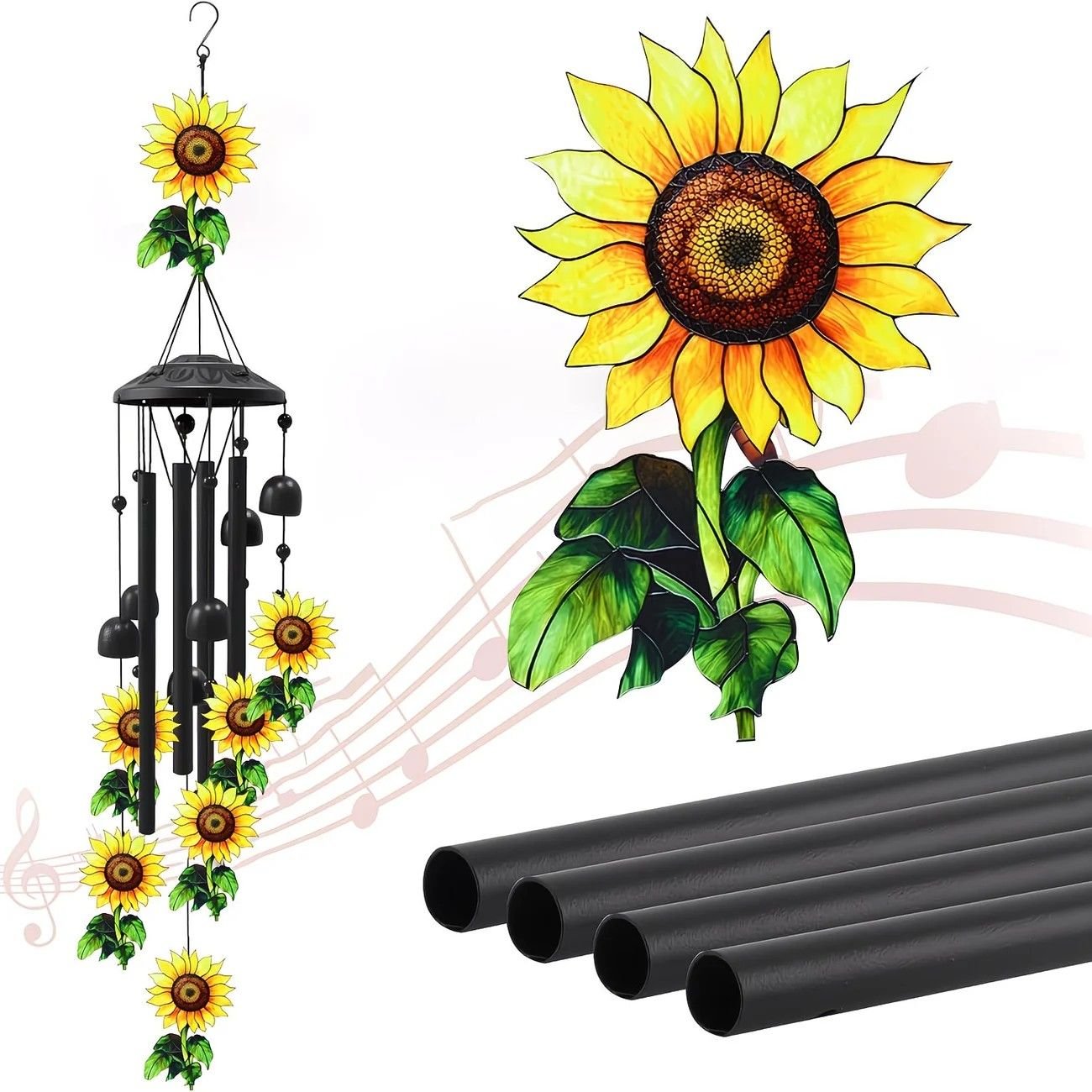 Retro black metal sunflower wind chime, 91cm long, 6 bells and 4 tubes, crisp and pleasant sound, adding pastoral poetry and dynamic beauty to courtyards and gardens. - V1232-XRKML001 Retro black metal sunflower wind chime, 91cm long, 6 bells and 4 tubes, crisp and pleasant sound, adding pastoral poetry and dynamic beauty to courtyards and gardens. - Image 4