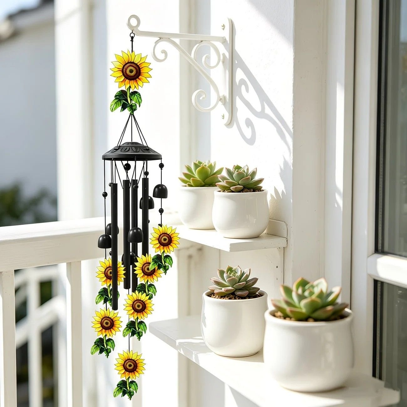 Retro black metal sunflower wind chime, 91cm long, 6 bells and 4 tubes, crisp and pleasant sound, adding pastoral poetry and dynamic beauty to courtyards and gardens. - V1232-XRKML001 Retro black metal sunflower wind chime, 91cm long, 6 bells and 4 tubes, crisp and pleasant sound, adding pastoral poetry and dynamic beauty to courtyards and gardens. - Image 5