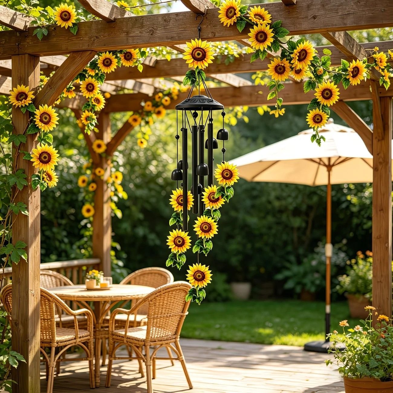 Retro black metal sunflower wind chime, 91cm long, 6 bells and 4 tubes, crisp and pleasant sound, adding pastoral poetry and dynamic beauty to courtyards and gardens. - V1232-XRKML001 Retro black metal sunflower wind chime, 91cm long, 6 bells and 4 tubes, crisp and pleasant sound, adding pastoral poetry and dynamic beauty to courtyards and gardens. - Image 7