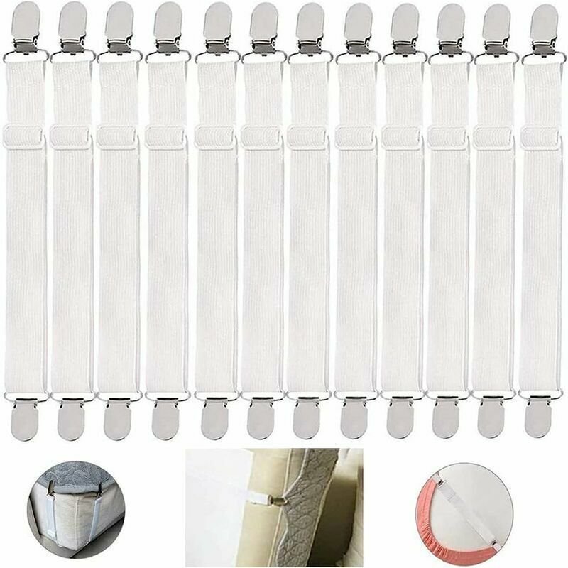 12 Pcs Elastic Sheet Fasteners White, INHHUB Adjustable Elastic Mattress Clips for Sheets and Bed Covers with Fastening Straps