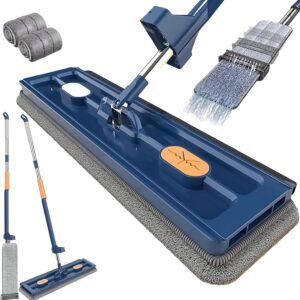 Large Flat Mop with 360° Rotatable Wringing Function, Microfiber Pads for Hardwood Blue + 2 rags