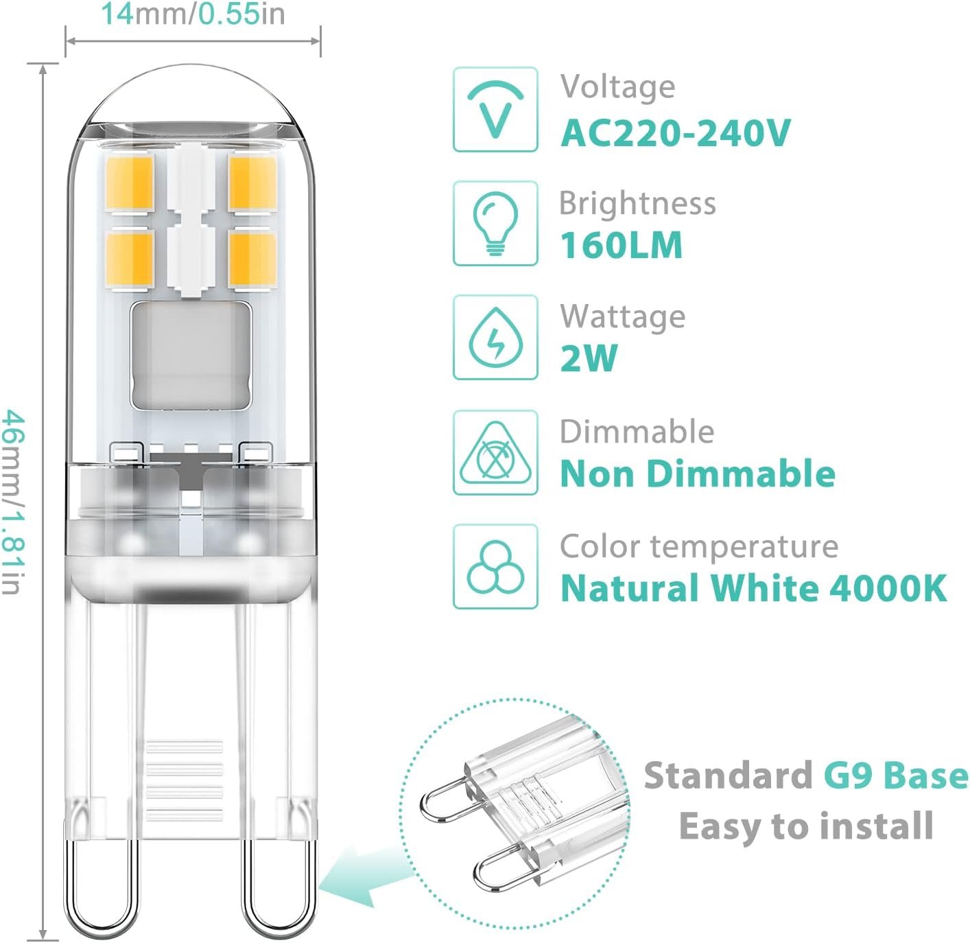 G9 LED bulbs 1.5W equivalent to 20W halogen natural white light 4000K, AC 220-240V, non-dimmable, mini bulb, flicker-free, 6-pack_MGF - V1237-ZY-203-4184 G9 LED bulbs 1.5W equivalent to 20W halogen natural white light 4000K, AC 220-240V, non-dimmable, mini bulb, flicker-free, 6-pack_MGF - Image 2
