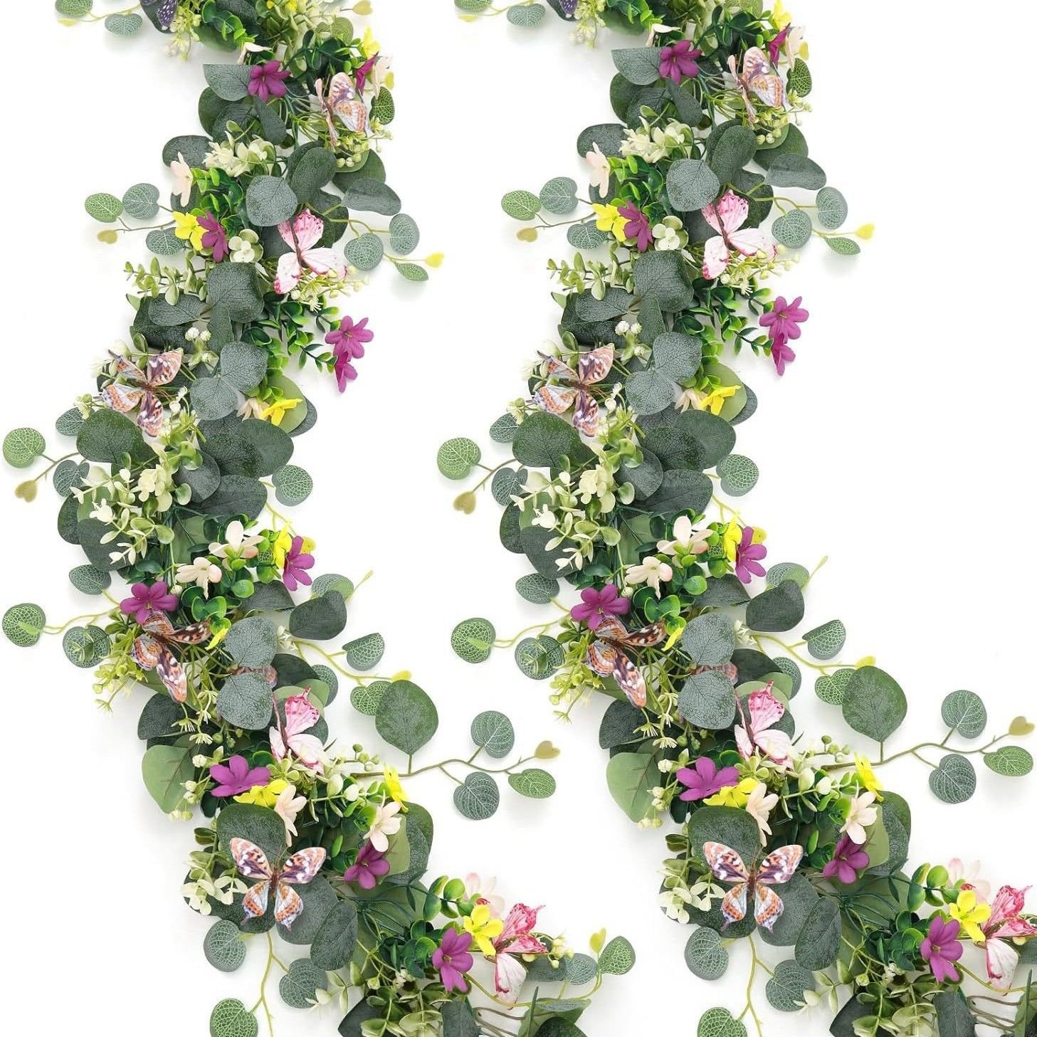 2 Pack Artificial Eucalyptus Garland with 3D Butterflies, Mixed Purple Yellow White Wildflower Fake Greenery Vine, 1.8m Bendable Floral Table Runner, Spring Farmhouse Decor for Wedding Dining Table Mantel Arch Covered Outdoor Patio