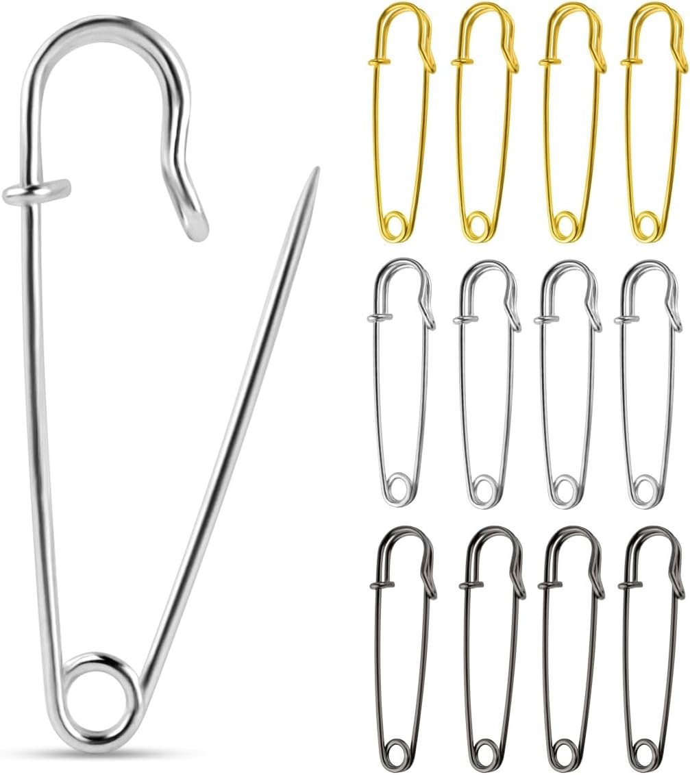 12 Pack Extra Large Safety Pins Blanket Pin Heavy Duty Bulk for Blankets Crafts Kilts Skirts Clothes Leather Canvas Silver Black Gold Metal Assorted Colors Spring Lock Fasteners - V1258-DP02-A-1035 12 Pack Extra Large Safety Pins Blanket Pin Heavy Duty Bulk for Blankets Crafts Kilts Skirts Clothes Leather Canvas Silver Black Gold Metal Assorted Colors Spring Lock Fasteners