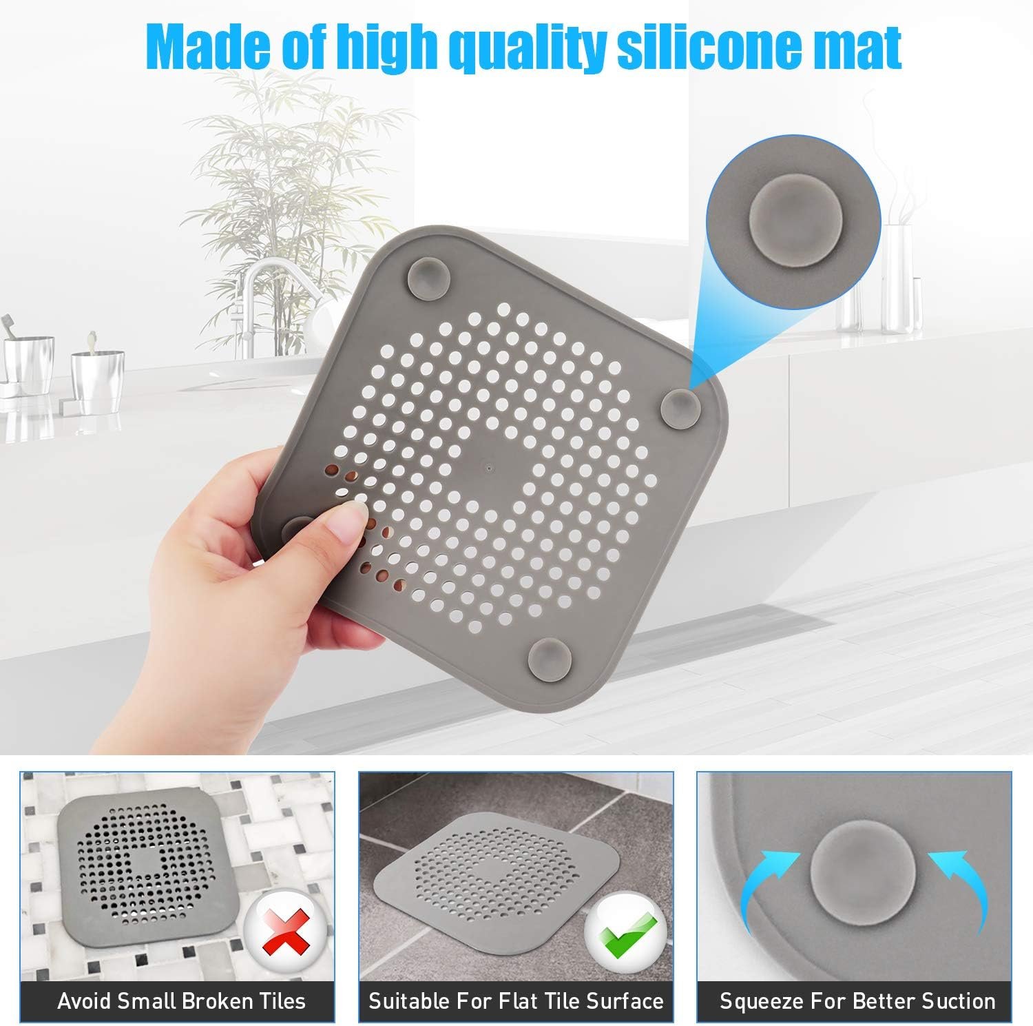 Square Drain Cover for Shower 5.7-inch TPR Drain Hair Catcher Flat Silicone Plug for Bathroom and Kitchen Filter Shower Drain Protection Flat Strainer Stopper with Suction Cups 2 Pack (White) - V1258-DP02-A-1283 Square Drain Cover for Shower 5.7-inch TPR Drain Hair Catcher Flat Silicone Plug for Bathroom and Kitchen Filter Shower Drain Protection Flat Strainer Stopper with Suction Cups 2 Pack (White) - Image 3
