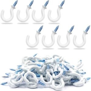 50Pcs 1/2-Inch Cup Hooks Ceiling Hooks, Plastic-Covered Metal Screw-in Hooks, White