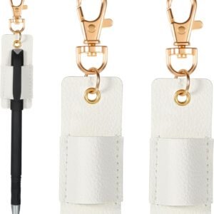 2 Pcs Pen Holder for Lanyard, White PU Leather Anti-Lost Lanyard Pen Clip Retractable Pens Holder Clip Keychain, Portable Pouch Pocket Pens Holders for Pencil Badges Clipboard Nurses Office School