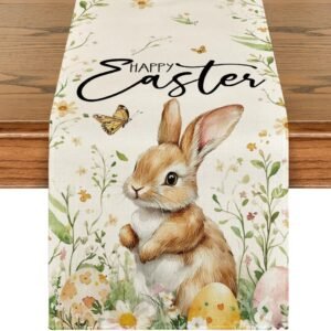 Bunny Rabbit Butterfly Eggs Flowers Easter Table Runner, Seasonal Spring Kitchen Dining Table Decoration for Home Party Decor 13x72 Inch