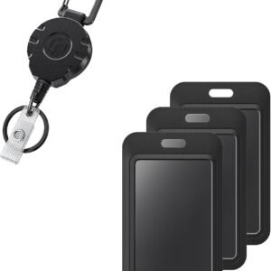 Sliding Badge Holder Vertical Plastic Case with Retractable Keychain Badge Reel for up to 8 oz Hard Card Protector for ID Credit Cards Proximity Key Cards Driver’s Licenses and Passes