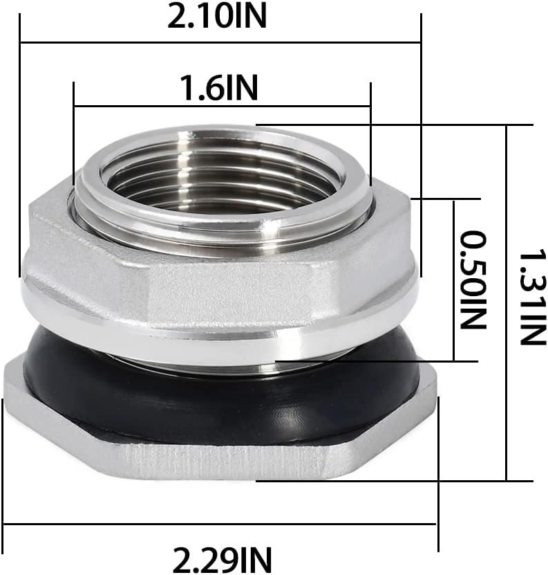1" Female Bulkhead Water Tank Connector Stainless Steel Thru-bulk Fitting - V1258-DP02-B-3114 1" Female Bulkhead Water Tank Connector Stainless Steel Thru-bulk Fitting - Image 2