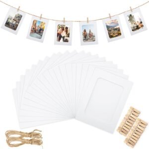 20Pcs Paper Photo Frames, 4x6Inch White Picture Display Holders, Cardborad Picture Frames with String and Clips, DIY Graduation Photo Hanging Banner for Home, Classroom, Offices